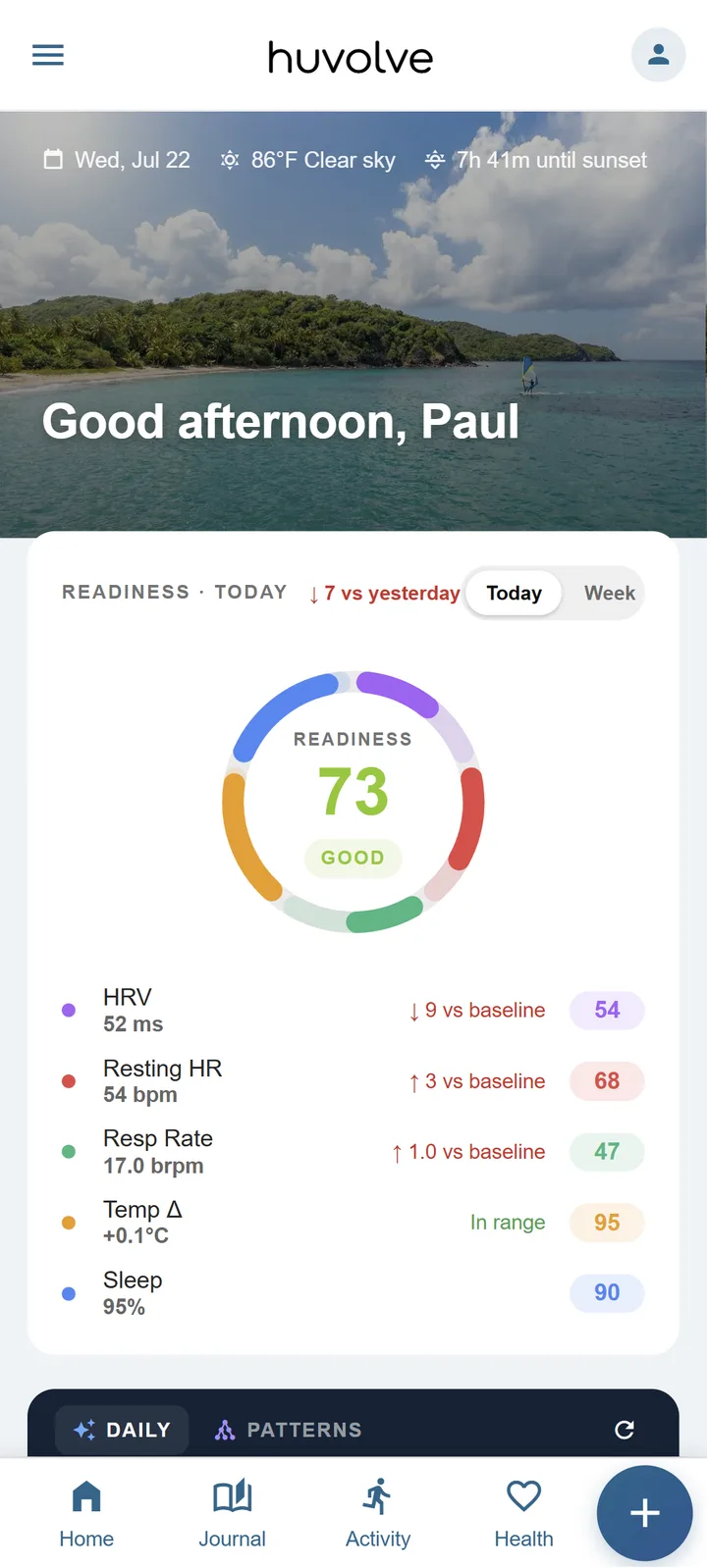Huvolve mobile dashboard: today's readiness ring at 73 with HRV, resting heart rate, respiratory rate, temperature and sleep contributors